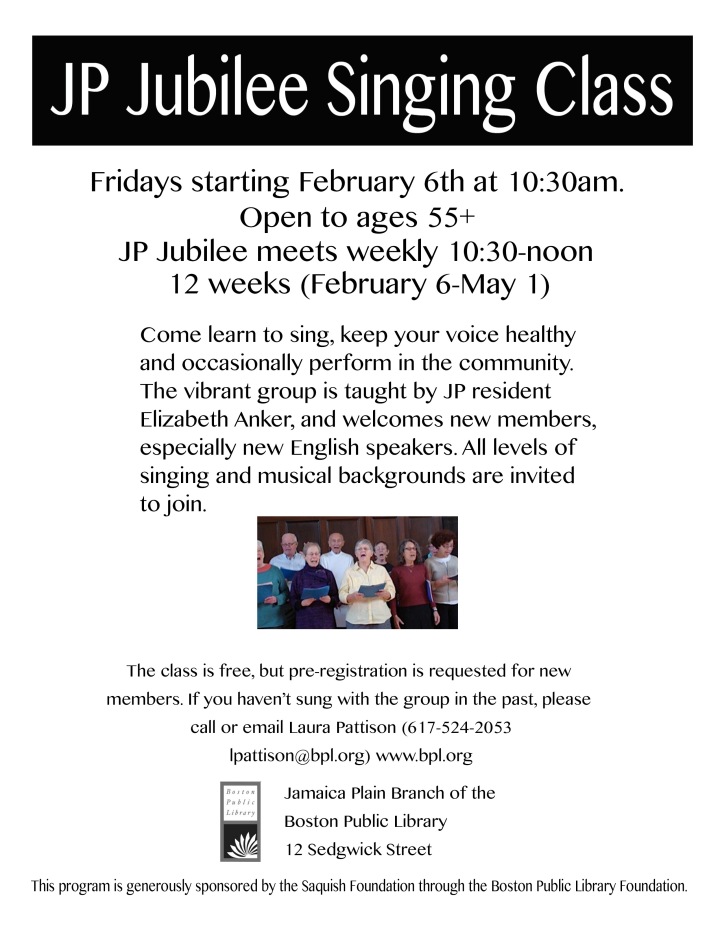 Happy people singing together with info about class beginning Friday February 6 at the JP Public Library